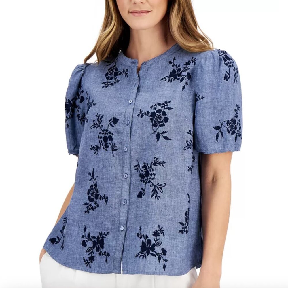 Puff Sleeve Blue Linen Top with Embroidered Flowers